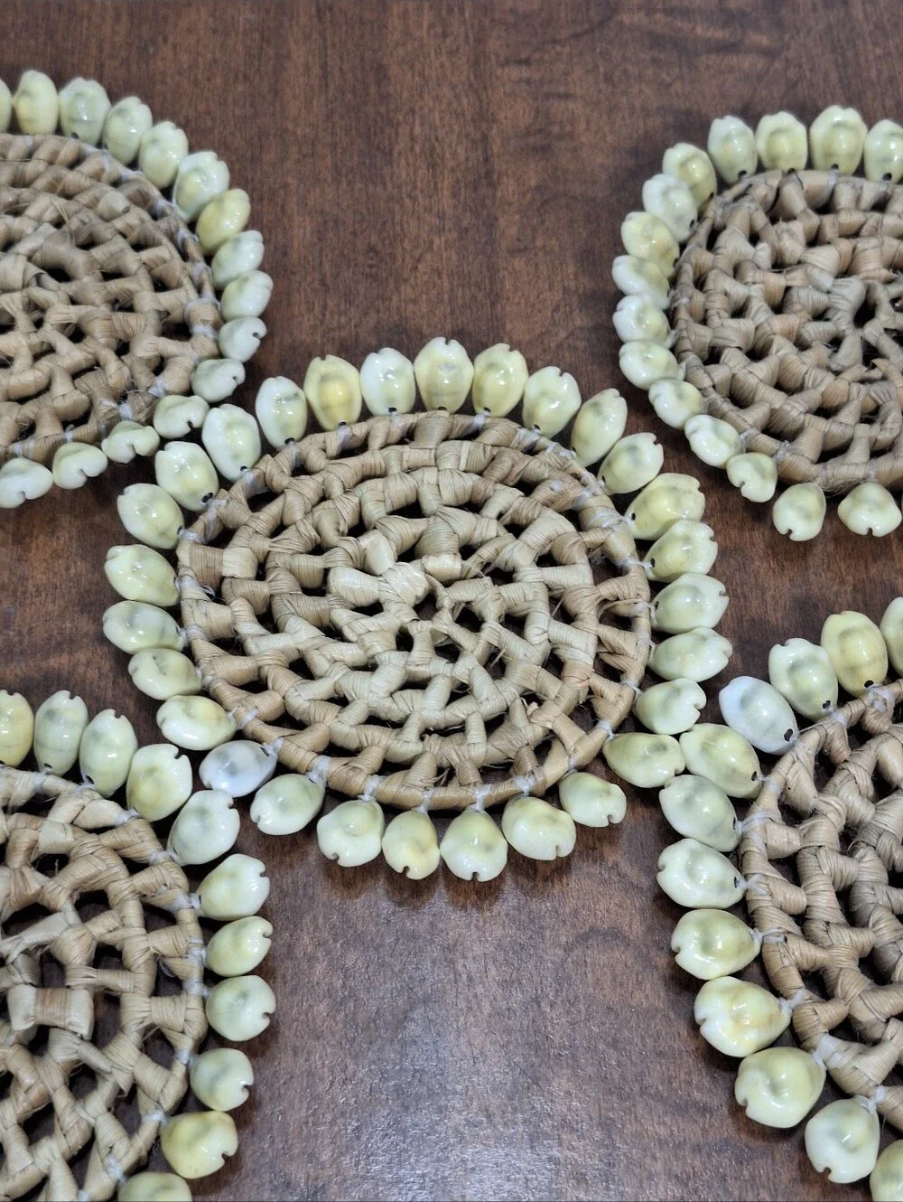 Set Of 5 Woven Straw Cowrie Sea Shell Coasters In Storage Basket Tiki Beach Bar